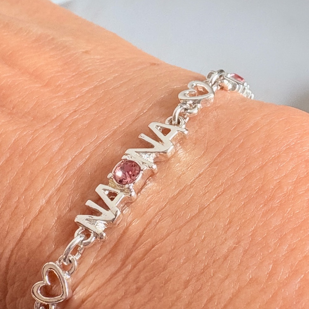Avon Nana Name Heart Link Bracelet Pink Rhinestone Silver Tone 7” + 1” Ext 398